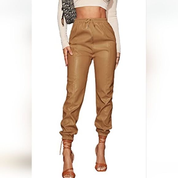 Doublju Caramel Macchiato Faux Leather Joggers - Picture 1 of 7